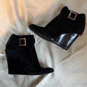 Tory Burch Black Wedge Ankle Boots with Gold Buckle